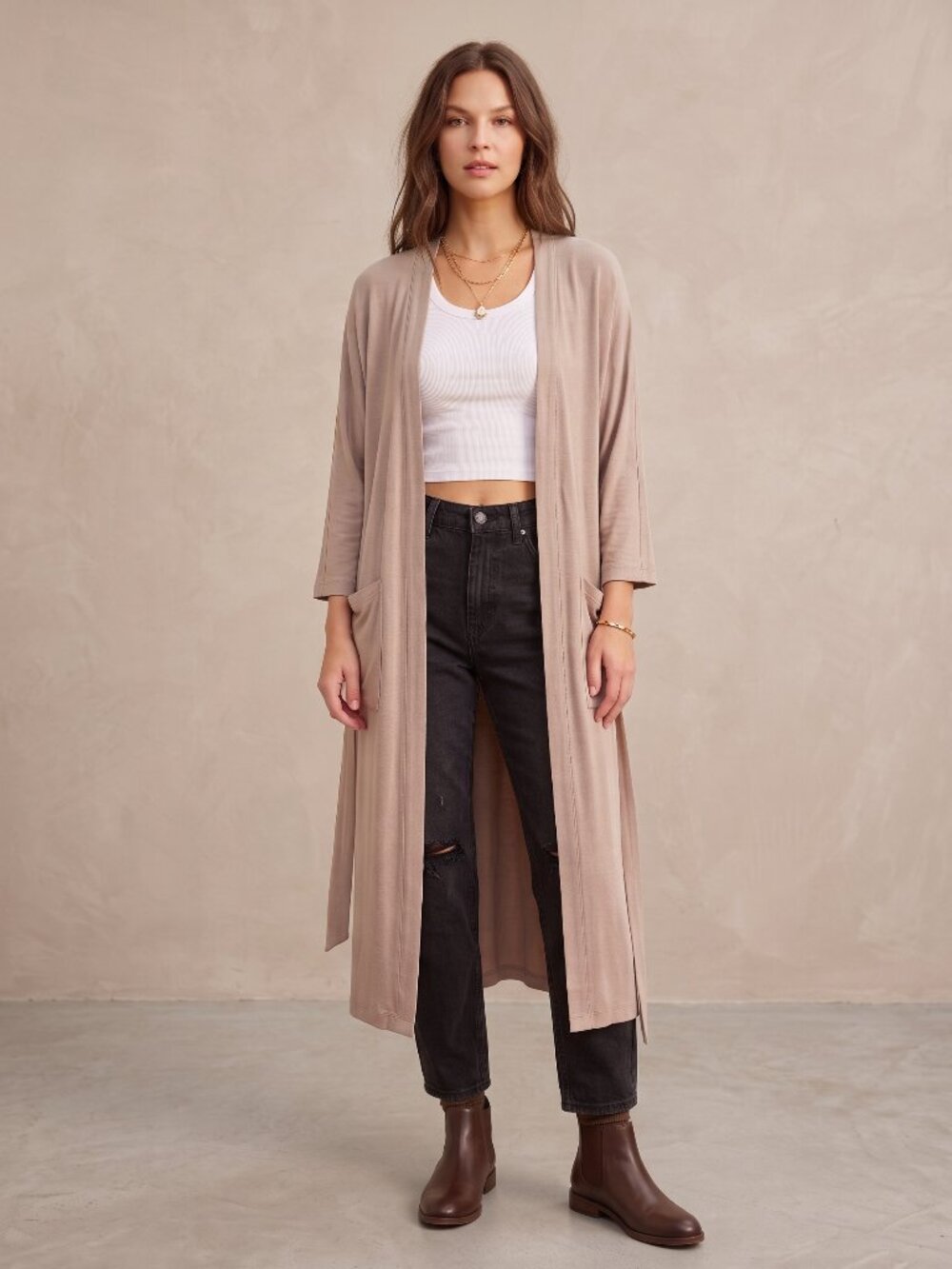 Jax + Lennon Duster Cardigan Robe Sand Bamboo Lounge Layering Piece XS/S